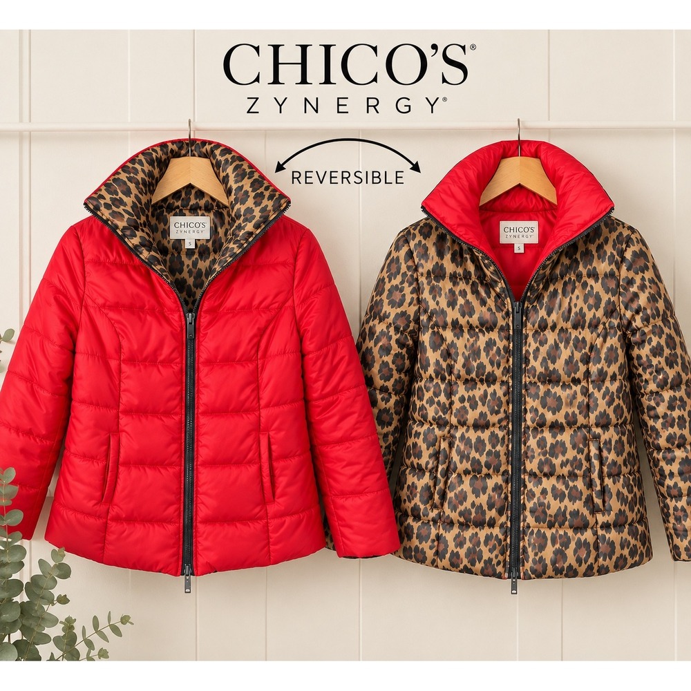 Chicos Zenergy Reversible Puffer Jacket Leopard Red Animal Print Size 0 (4/6)